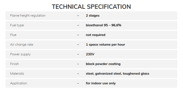 Planika Neo Fireplace Technical Specification