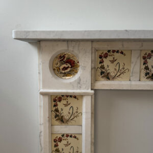 Antique Flat Fronted Late Victorian-Edwardian Carrara Marble Mantel with Original Floral Tiled Inlays 