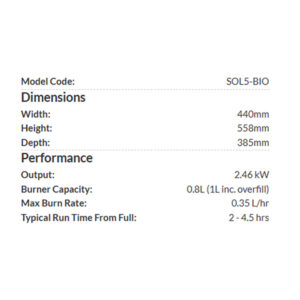 Solution 5 Bioethanol Stove Specifications