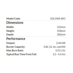 Solution 5 Wide Bioethanol Stove Specifications